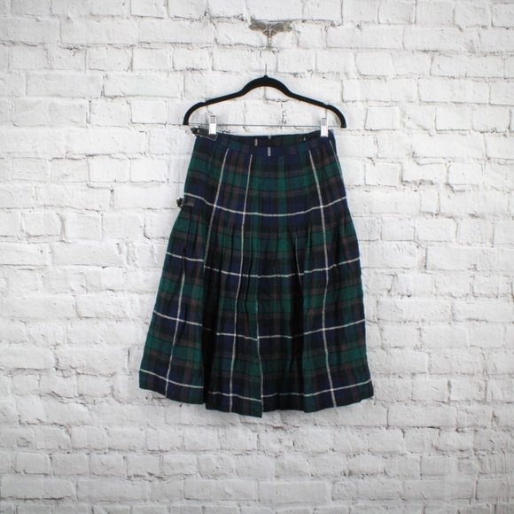 *Vintage Brendella Blue Green Tartan Plaid 100% Wool Pleated Skirt - Picture 8 of 9